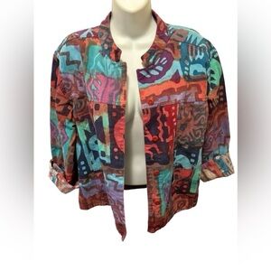 VTG Artsy Boxy Jean Jacket Sz M Colorful Graffiti Print Cotton Pockets Casual